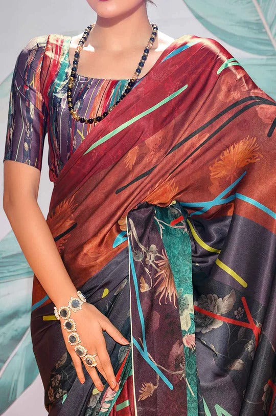 Patnag Multicolor Soft Satin Crepe Silk Printed Saree