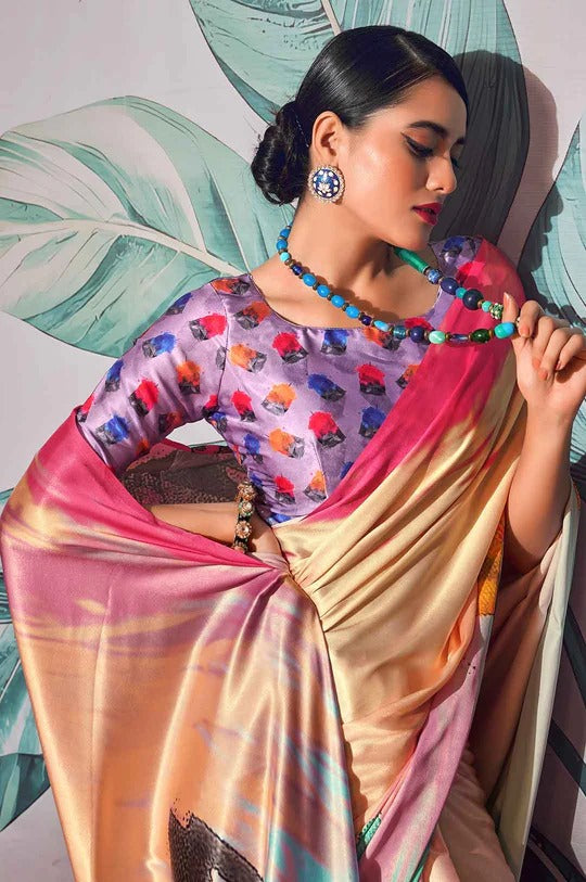 Patnag Multicolor Soft Satin Crepe Silk Printed Saree