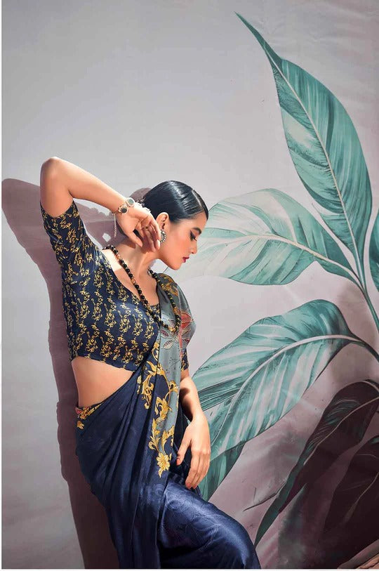 Patnag Blue 0Soft Satin Crepe Silk Printed Saree