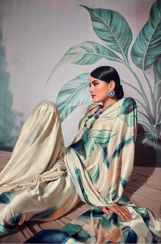 Patnag Cream Soft Satin Crepe Silk Printed Saree