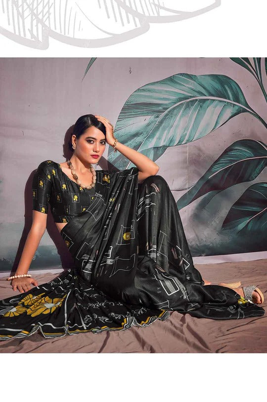 Patnag Jat Black Soft Satin Crepe Silk Printed Saree