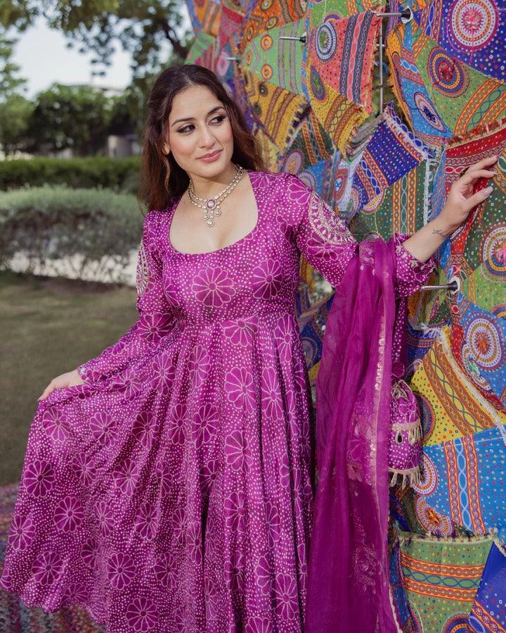 Purple Chinnon Embroidery With Bandhani Printed Anarkali Suit Set