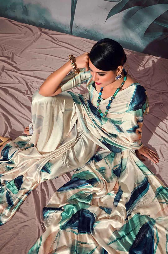 Patnag Cream Soft Satin Crepe Silk Printed Saree