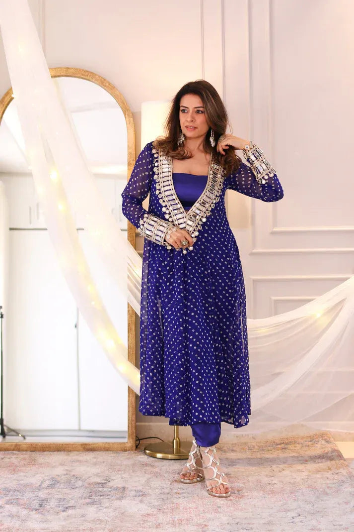 Royal Blue Georgette Bandhni Printed With Real Mirror Work Anarkali Suit Set