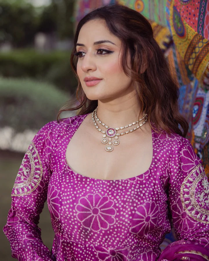 Purple Chinnon Embroidery With Bandhani Printed Anarkali Suit Set