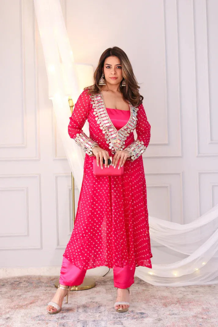 Red Georgette Bandhni Printed With Real Mirror Work Anarkali Suit Set