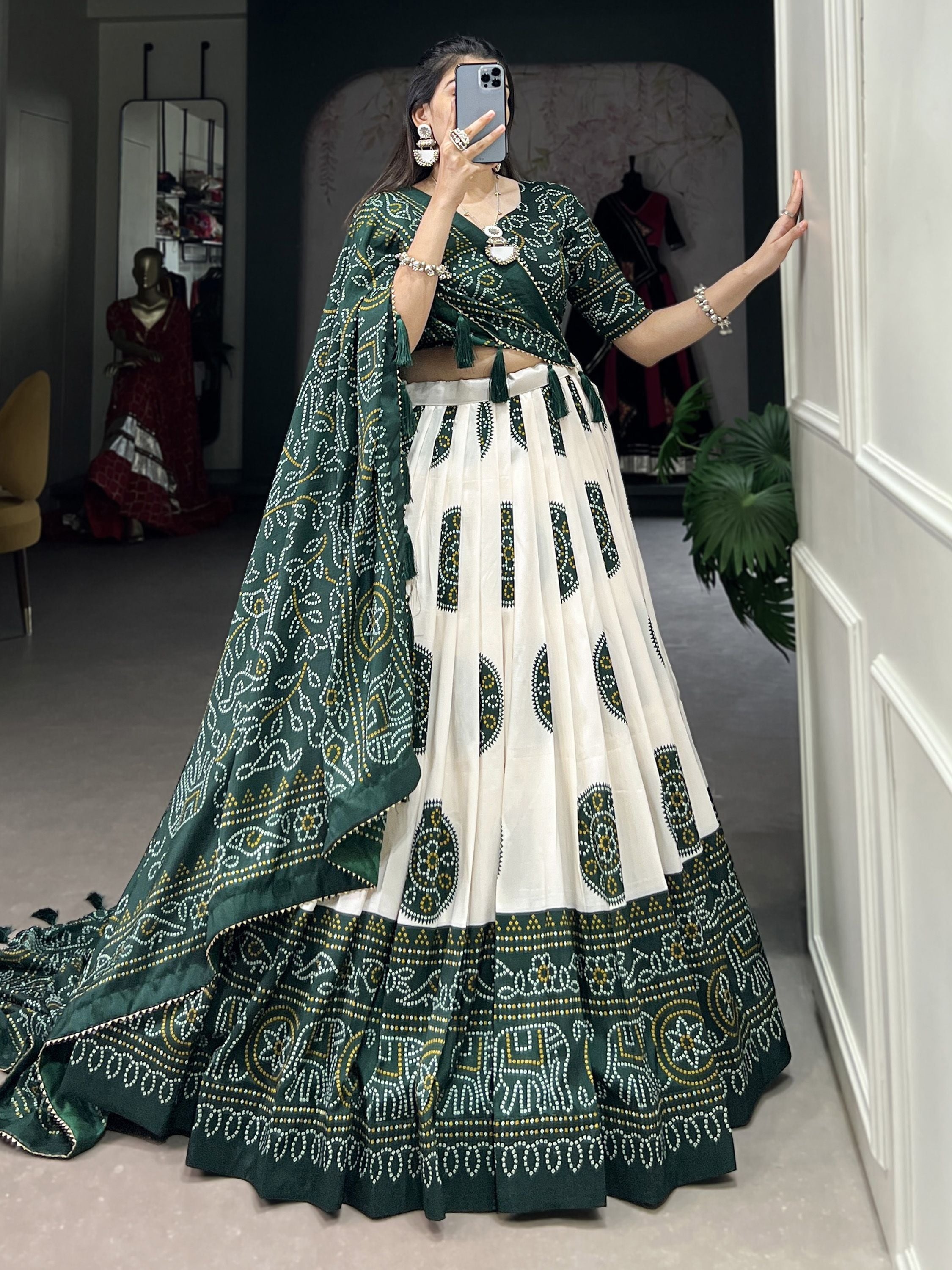 Green Tussar Silk Bandhej Printed  with Gotta Patti Border Lehenga Choli