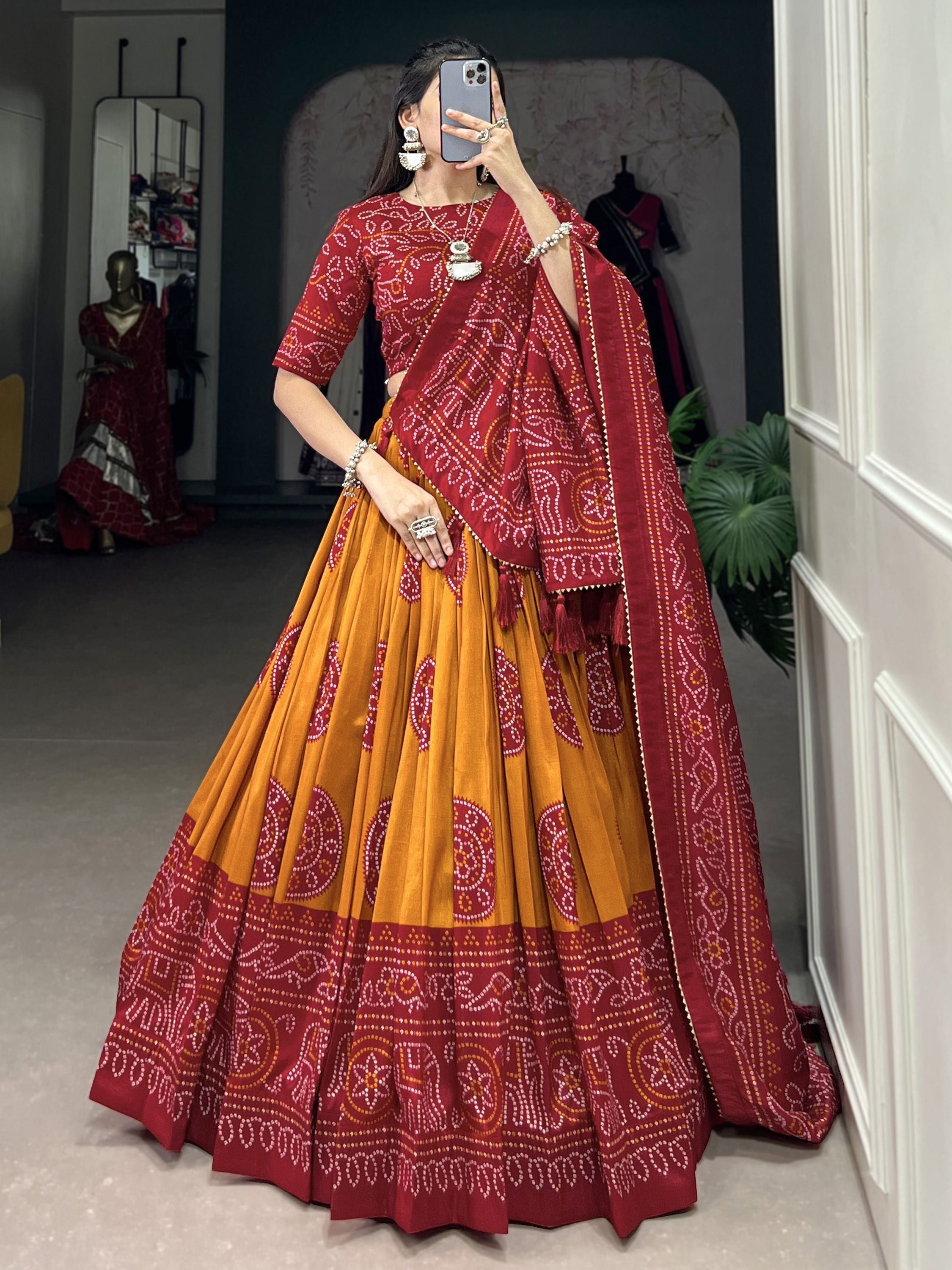 Mustard Tussar Silk Bandhej Printed  with Gotta Patti Border Lehenga Choli