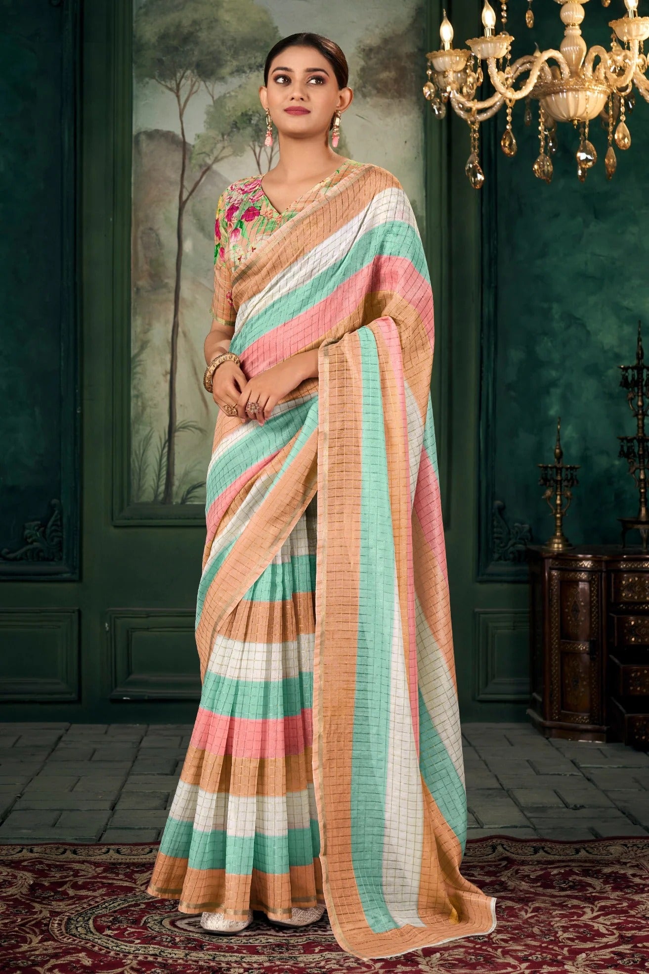 Chanderi Soft Linen Silk Printed Saree