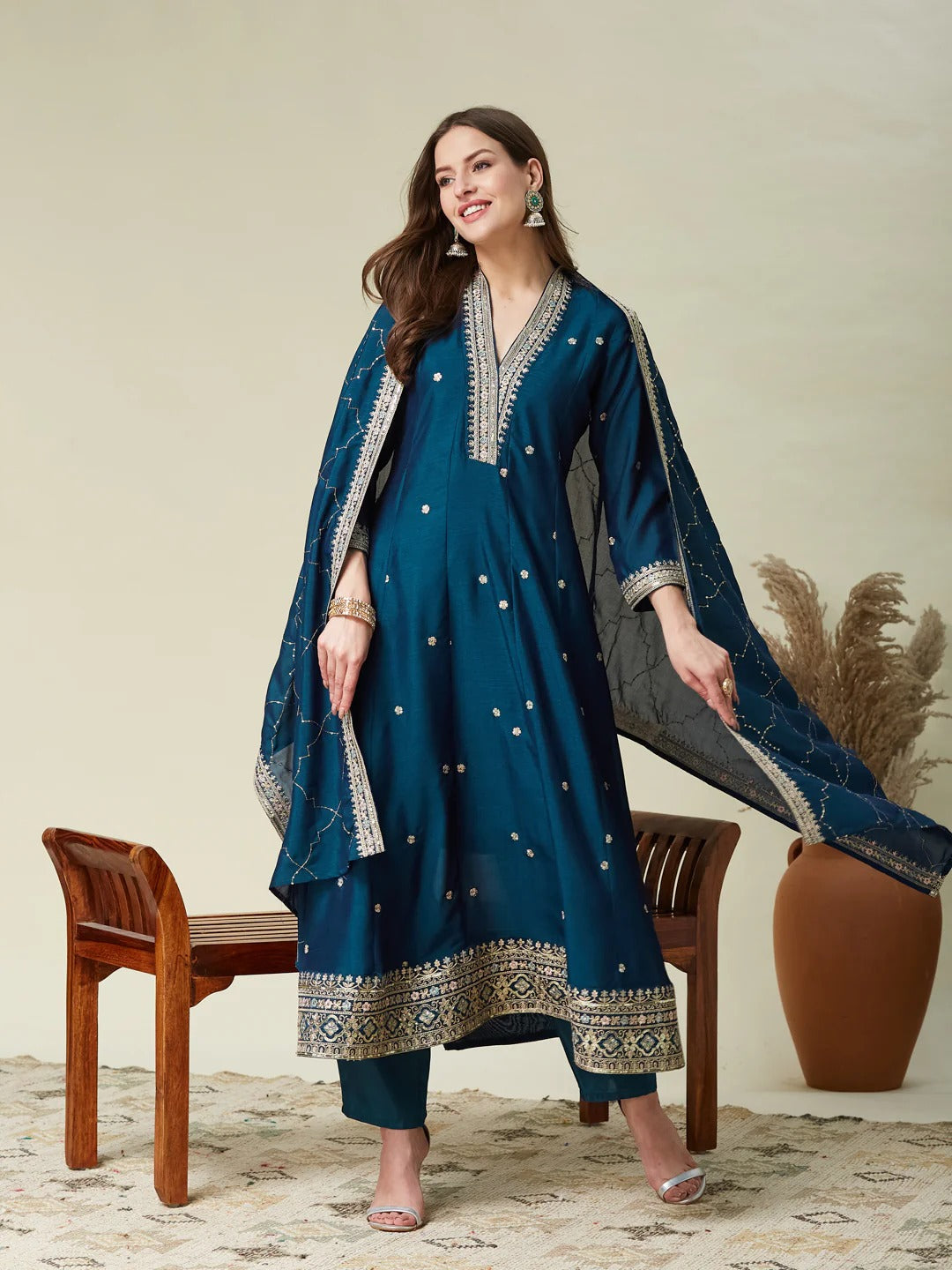 Prettiest Navy Blue Vichhitra Silk Embroidery Work Anarkali Suit Set