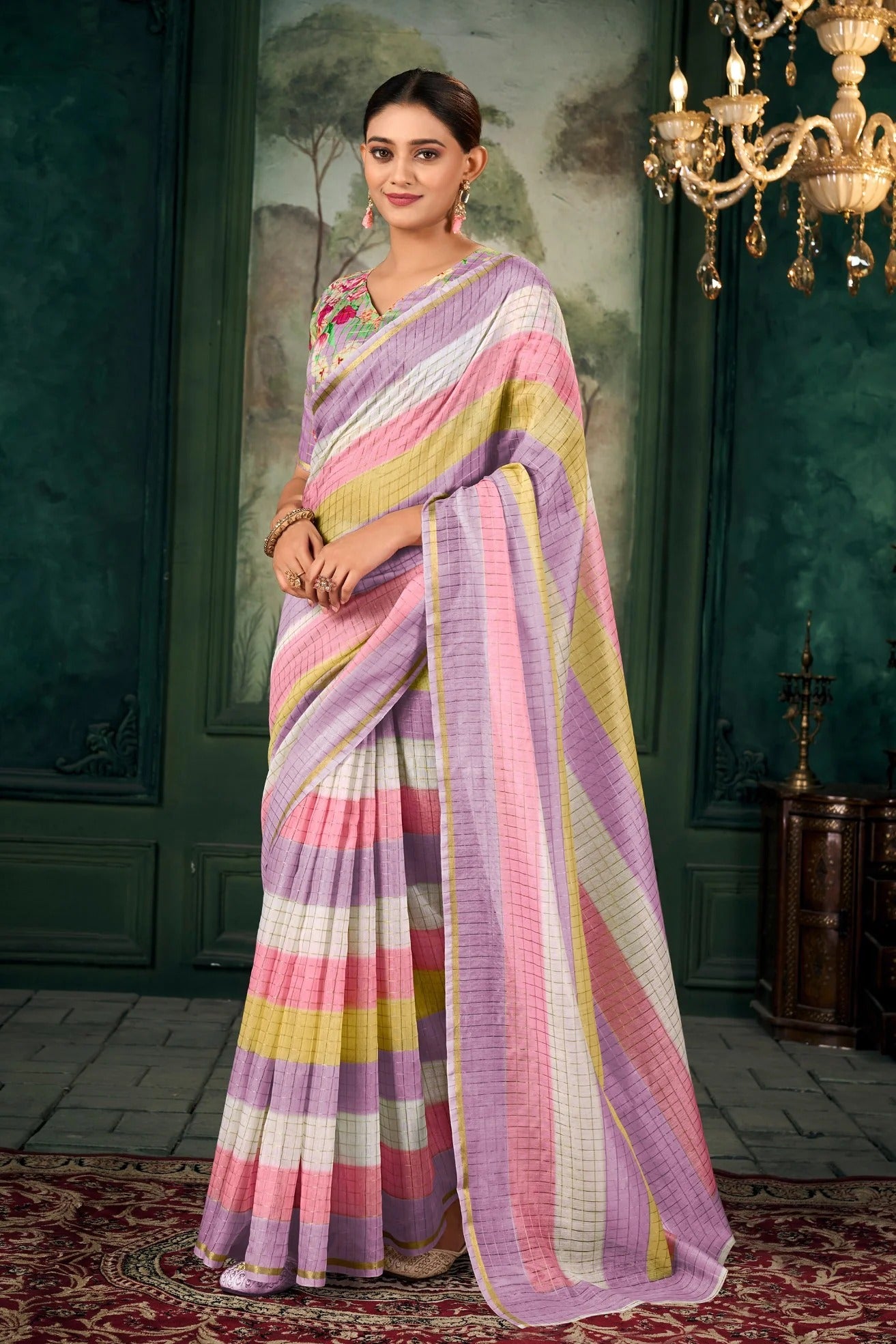 Chanderi Soft Linen Silk Printed Saree