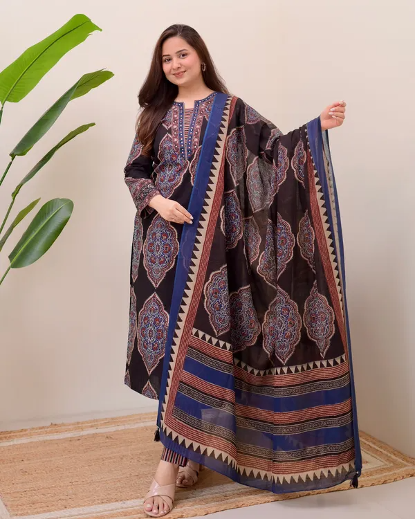 Fairytale Black Cotton Ajrakh Printed Suit Set