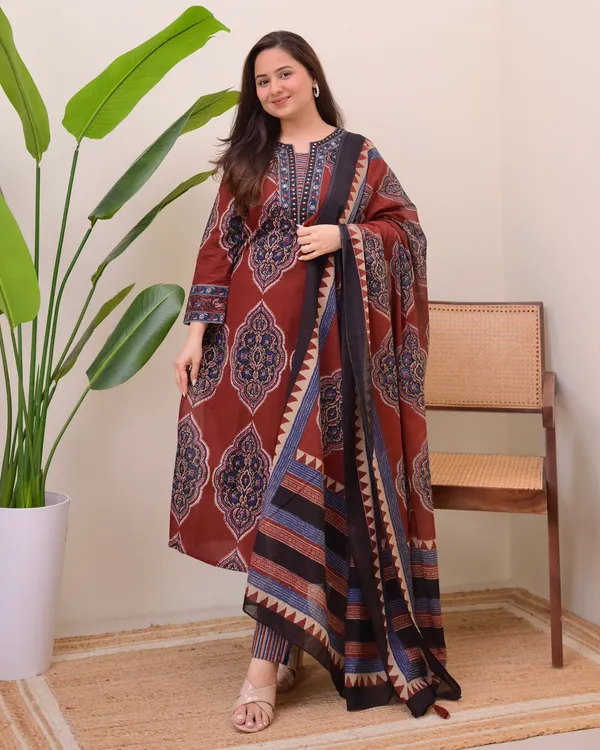Flamboyant Maroon Cotton Ajrakh Printed Suit Set