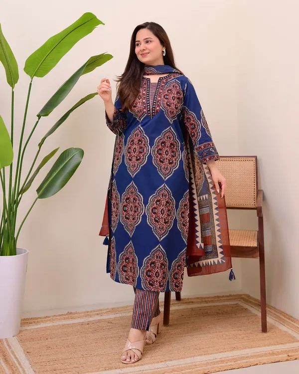 Deserving Royal Blue Cotton Ajrakh Printed Suit Set