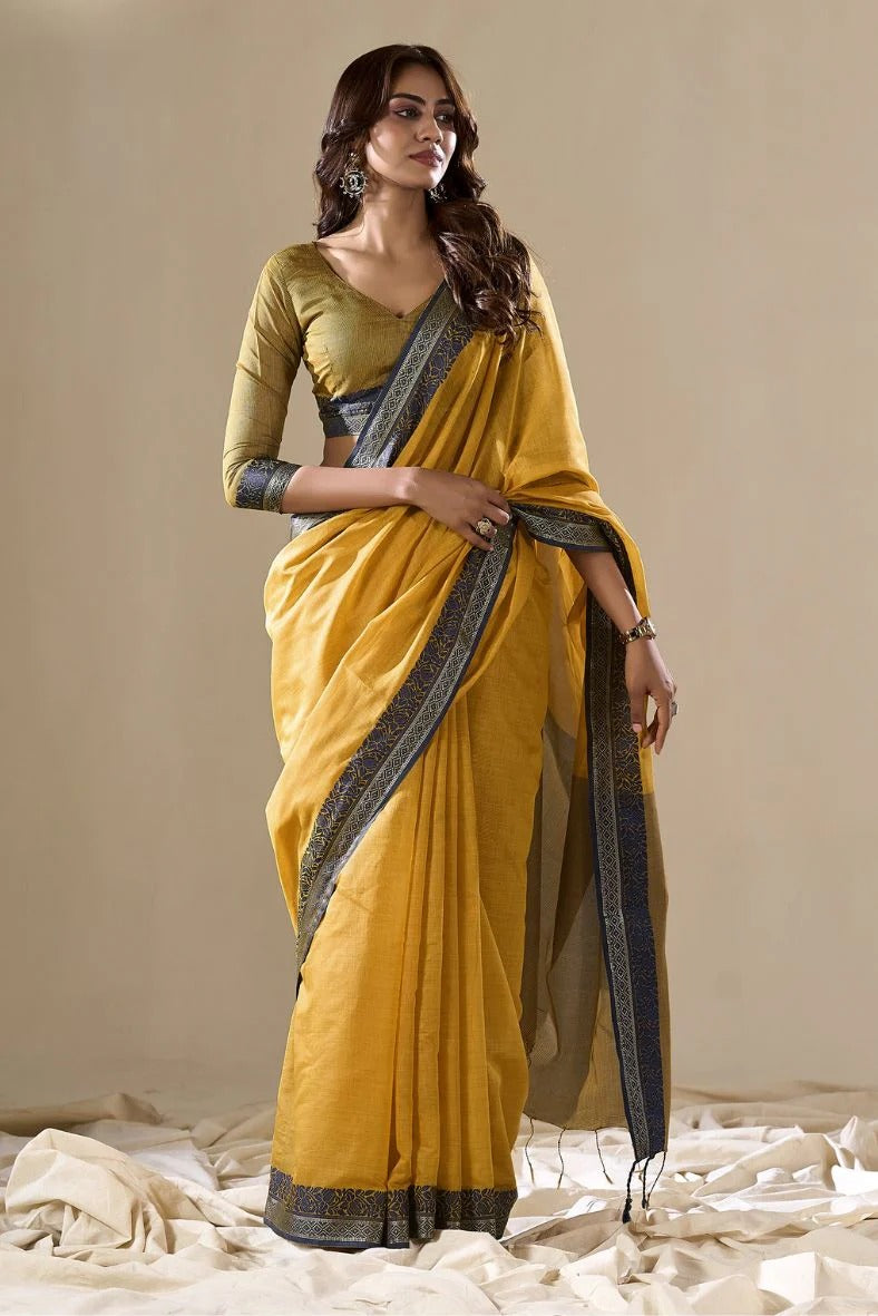 Abhilasha Yellow Linen Cotton Silk Handloom Saree