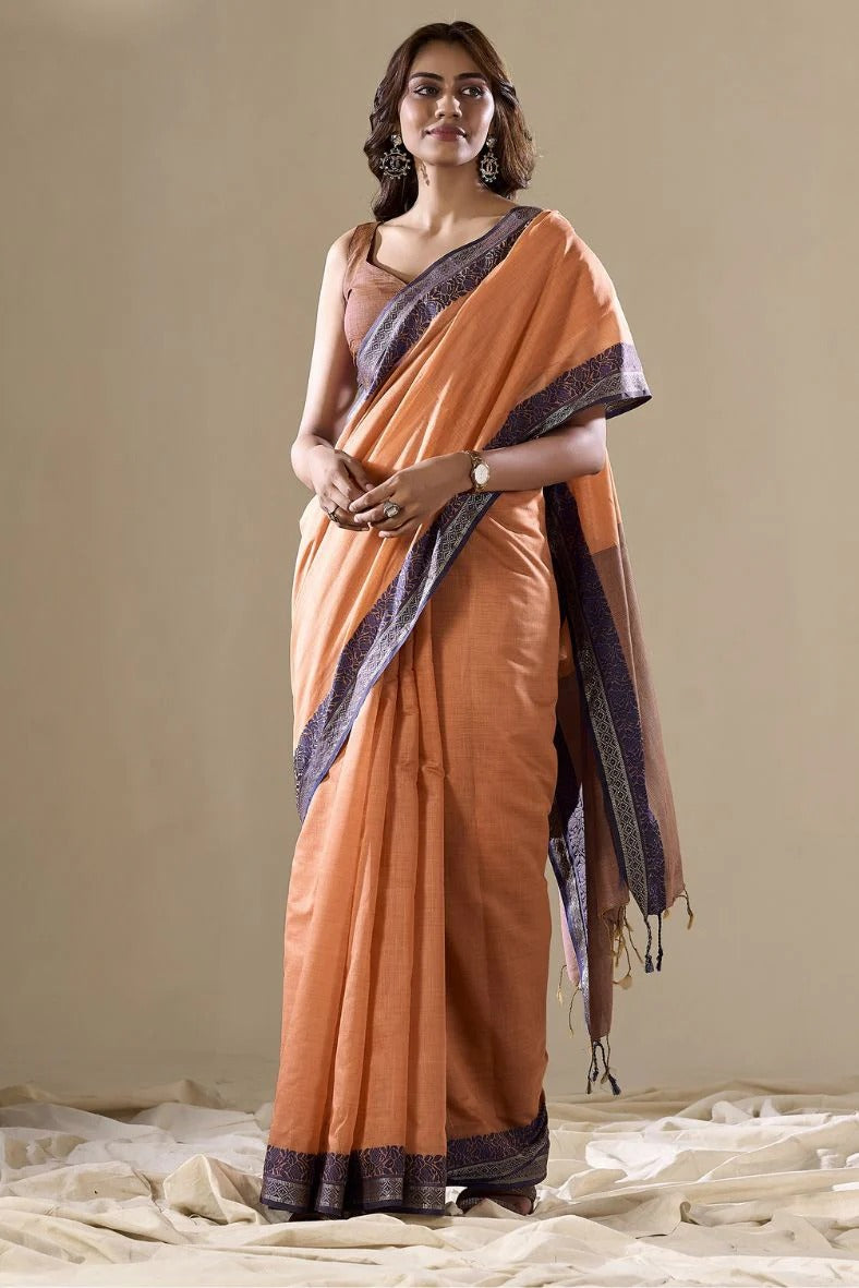 Abhilasha Orange Linen Cotton Silk Handloom Saree