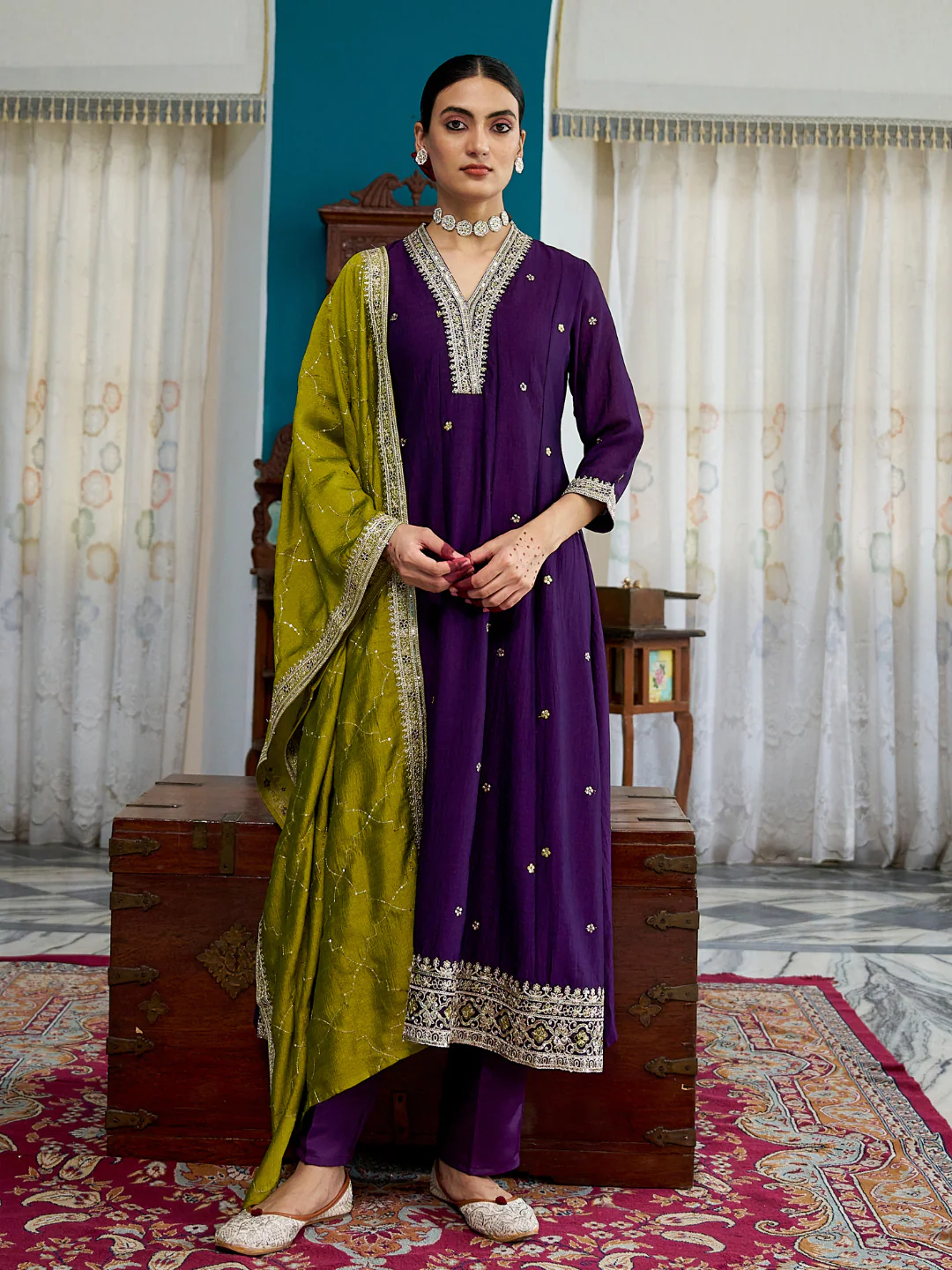 Desultory Purple Vichhitra Silk Embroidery Work Anarkali Suit Set