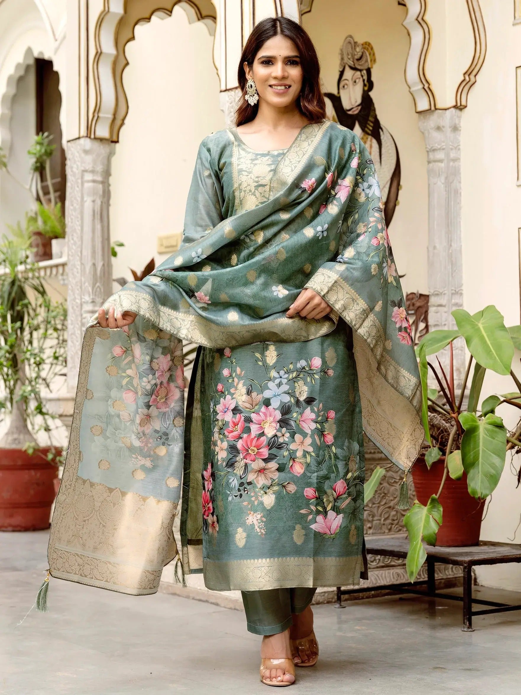 Redolent Grey Viscose Chanderi Silk Zari Weaving Suit Set
