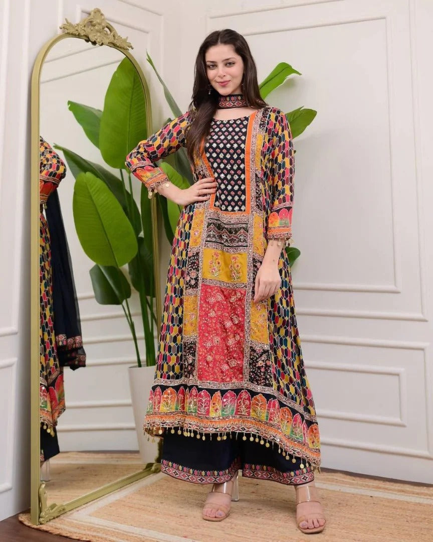 Tempting Multicolour Chinon Digital Print Embroidery Work Suit Set