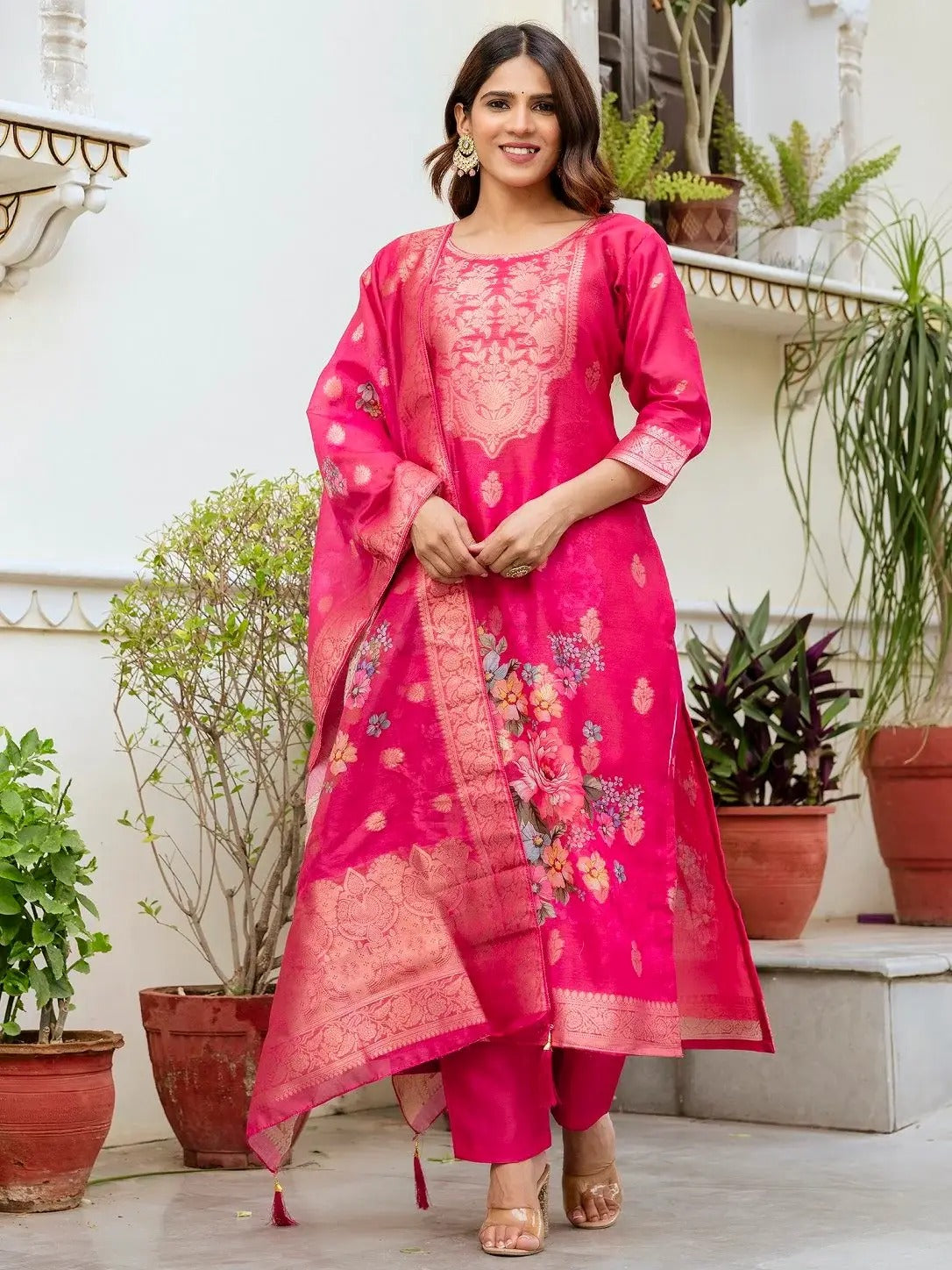 Scrupulous Hot Pink Viscose Chanderi Silk Zari Weaving Suit Set