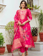 Scrupulous Hot Pink Viscose Chanderi Silk Zari Weaving Suit Set
