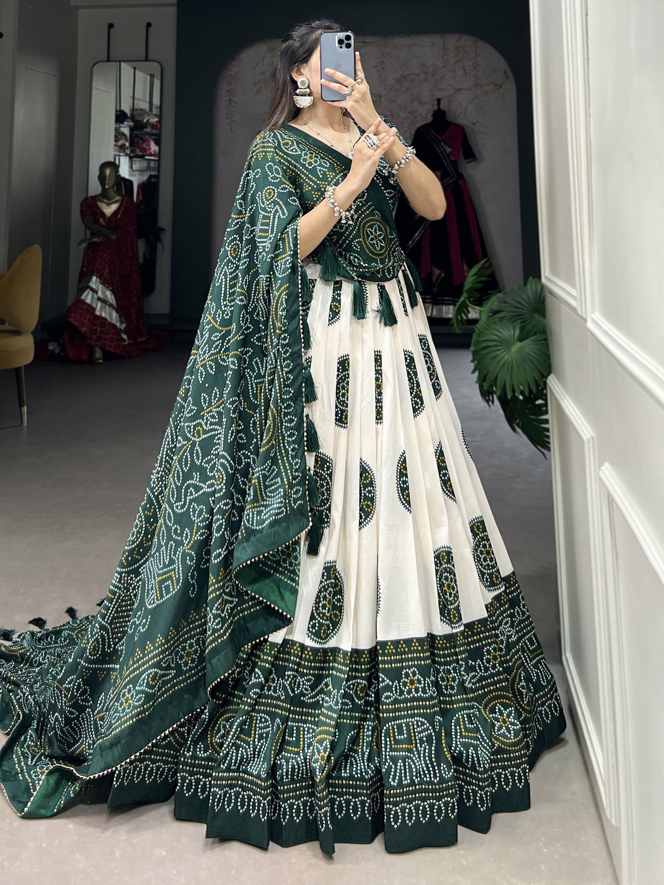 Green Tussar Silk Bandhej Printed  with Gotta Patti Border Lehenga Choli