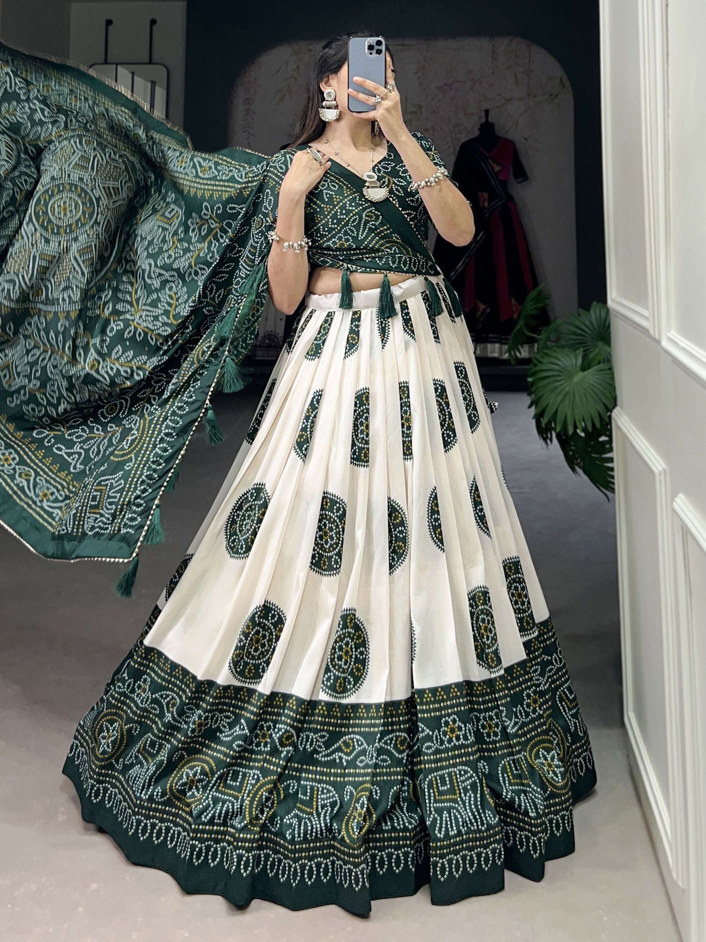 Green Tussar Silk Bandhej Printed  with Gotta Patti Border Lehenga Choli
