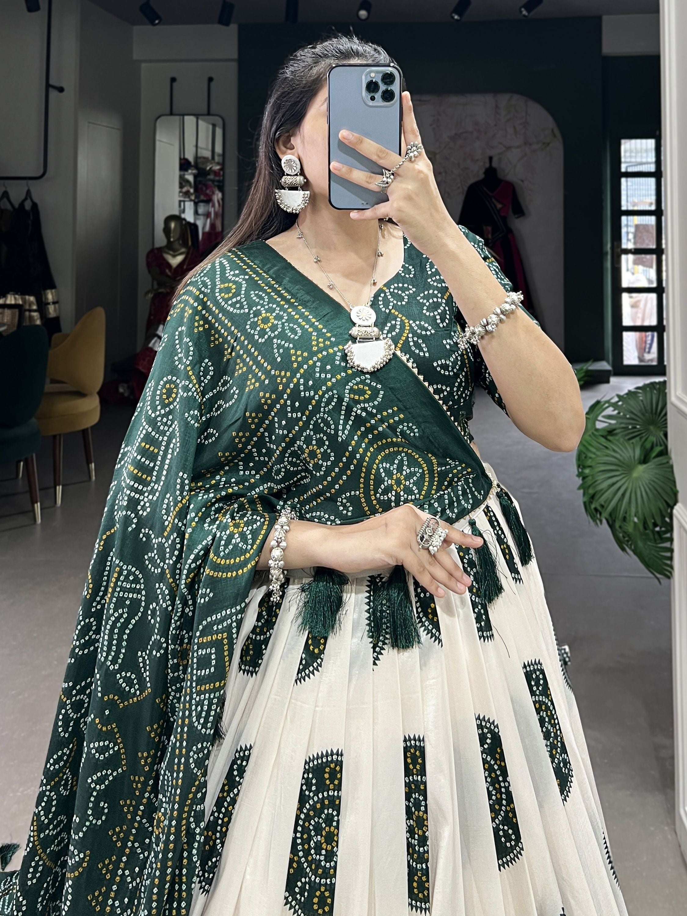 Green Tussar Silk Bandhej Printed  with Gotta Patti Border Lehenga Choli