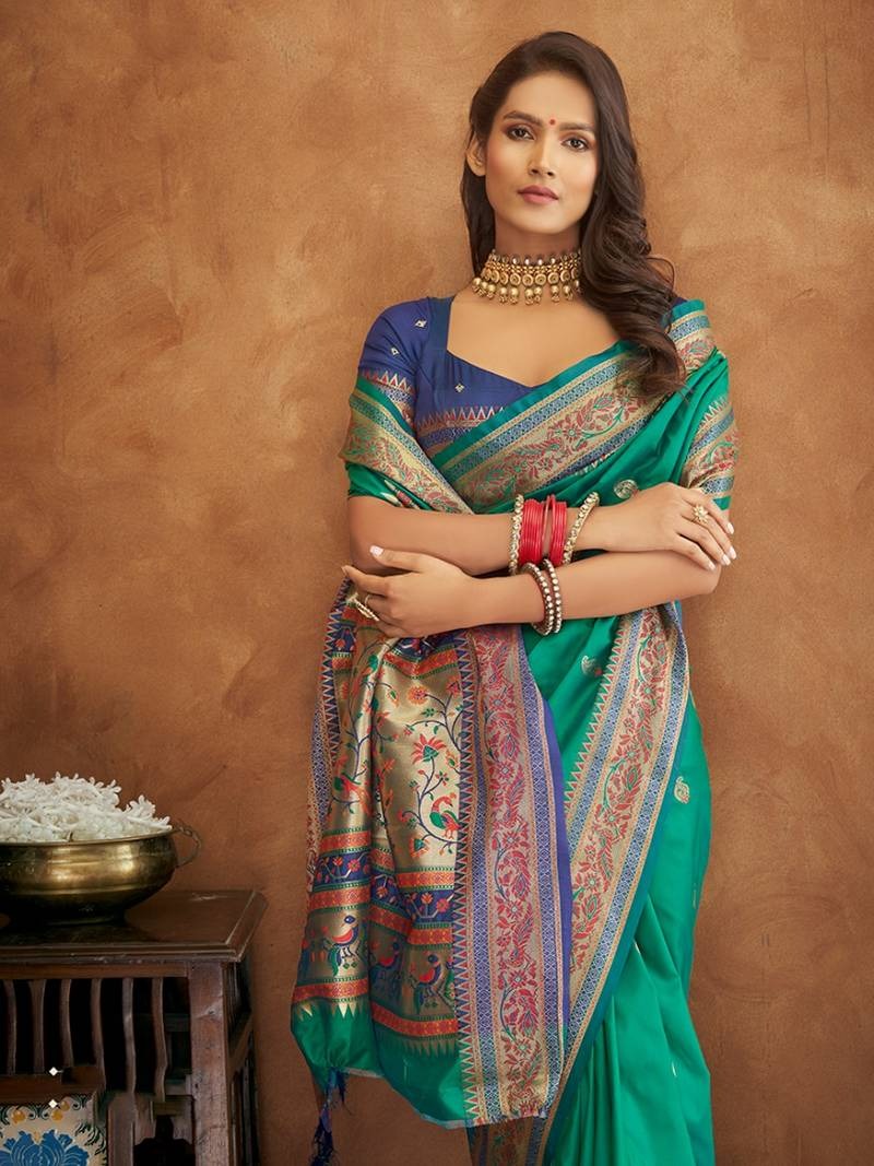 Apsra Mint Green Banarasi Soft Silk Weaving Saree