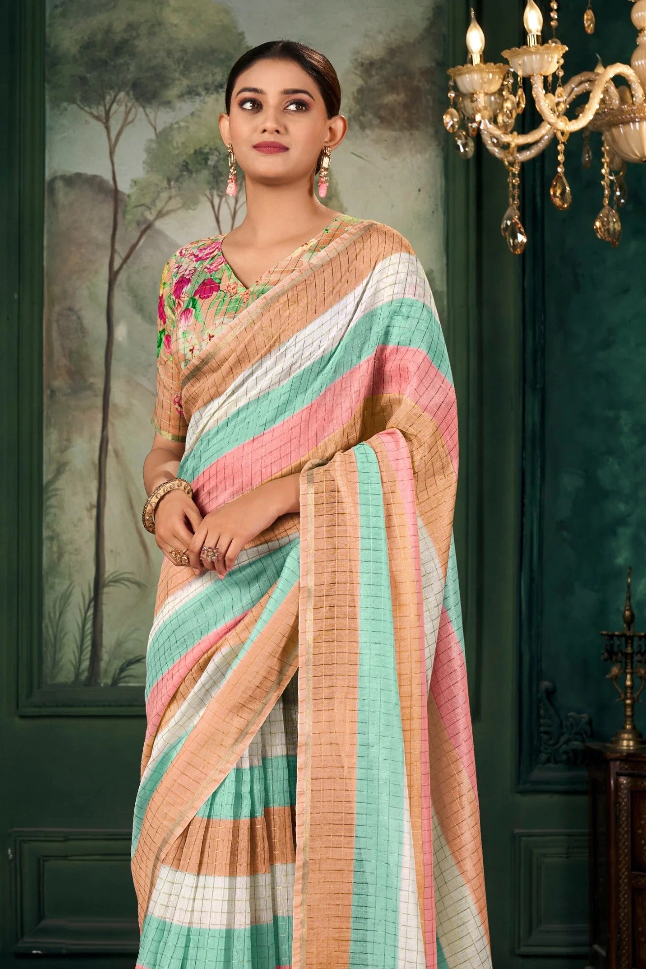 Chanderi Soft Linen Silk Printed Saree