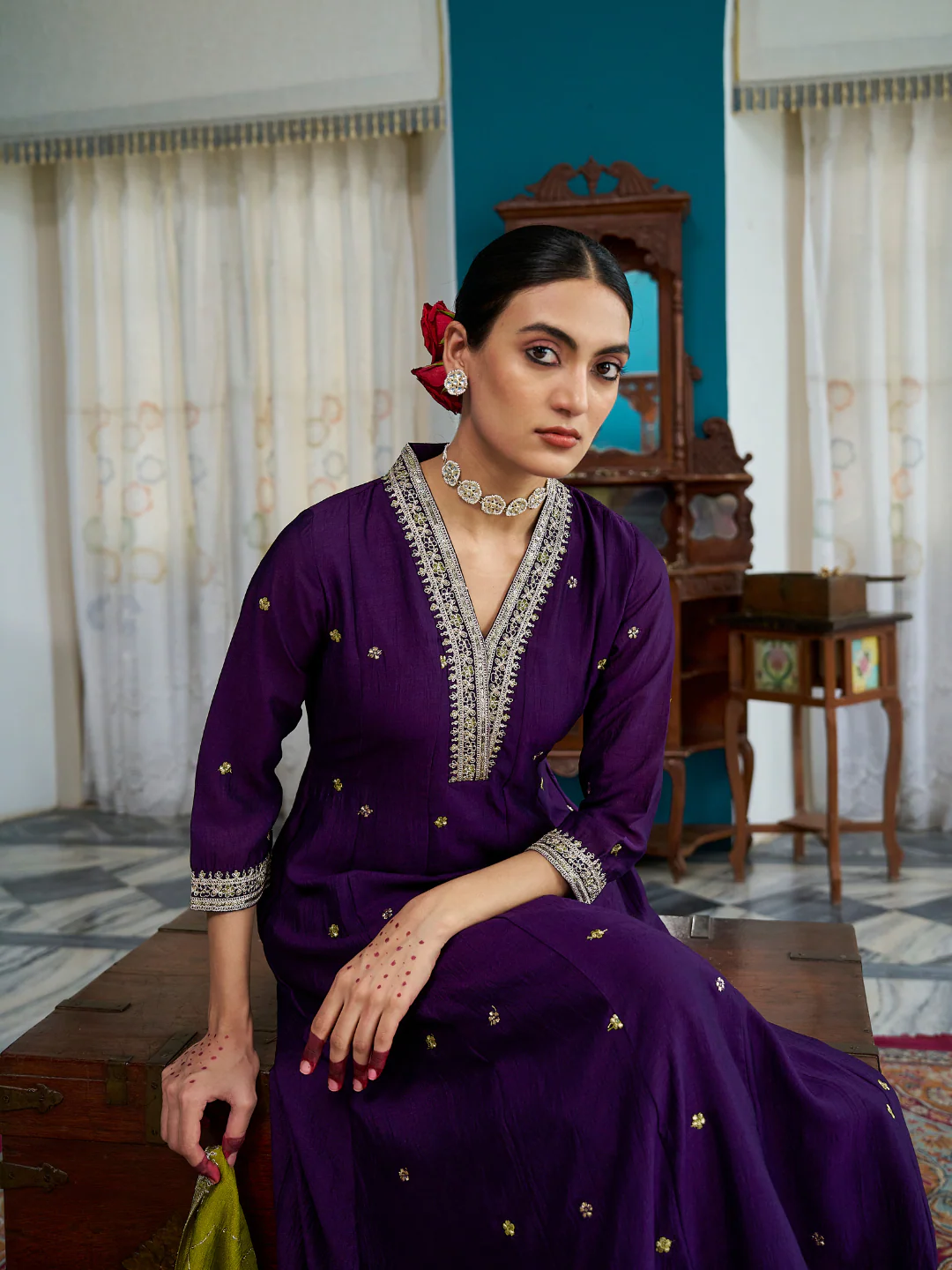 Desultory Purple Vichhitra Silk Embroidery Work Anarkali Suit Set
