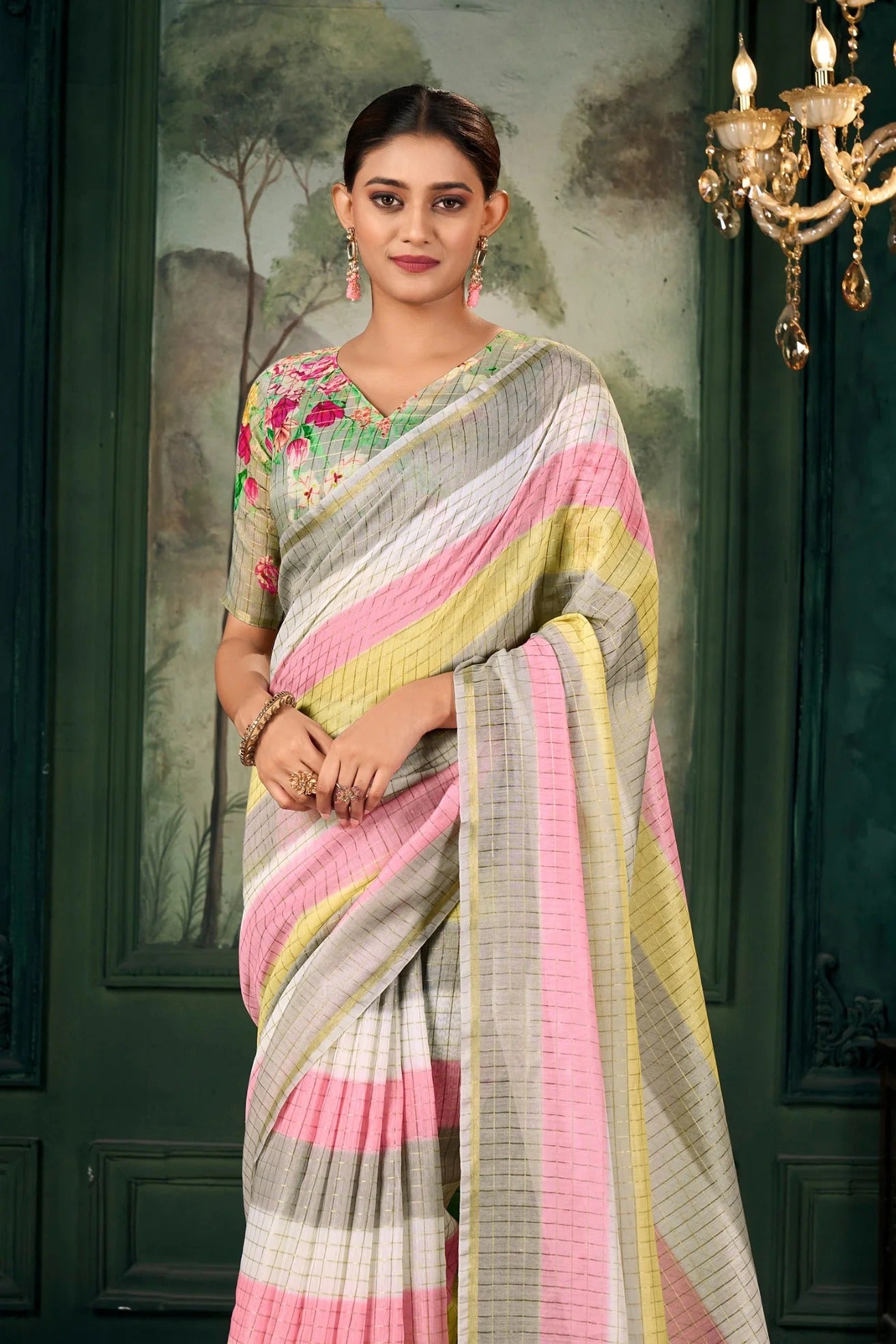 Chanderi Soft Linen Silk Printed Saree