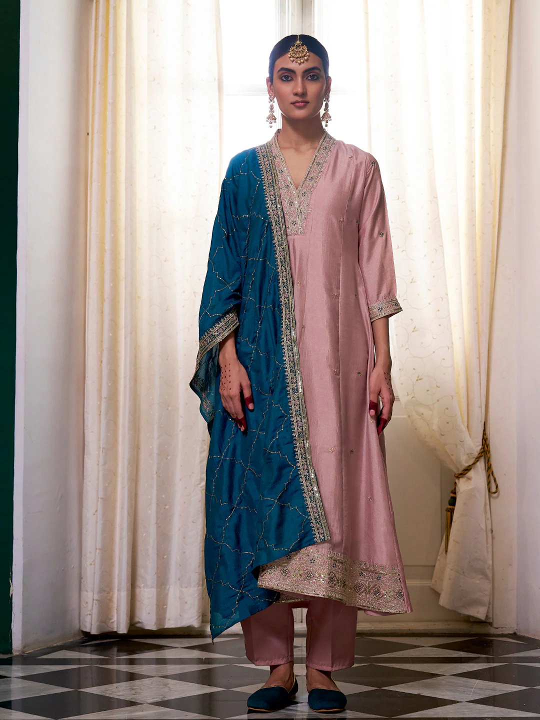Desirable Baby Pink Vichhitra Silk Embroidery Work Anarkali Suit Set
