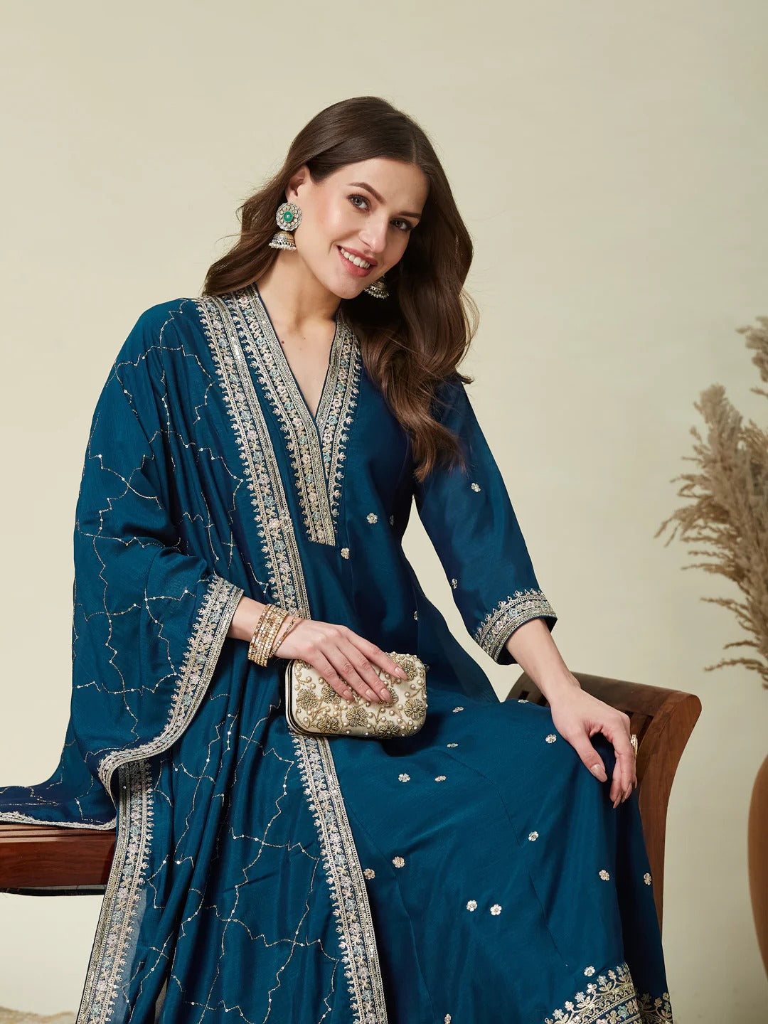 Prettiest Navy Blue Vichhitra Silk Embroidery Work Anarkali Suit Set