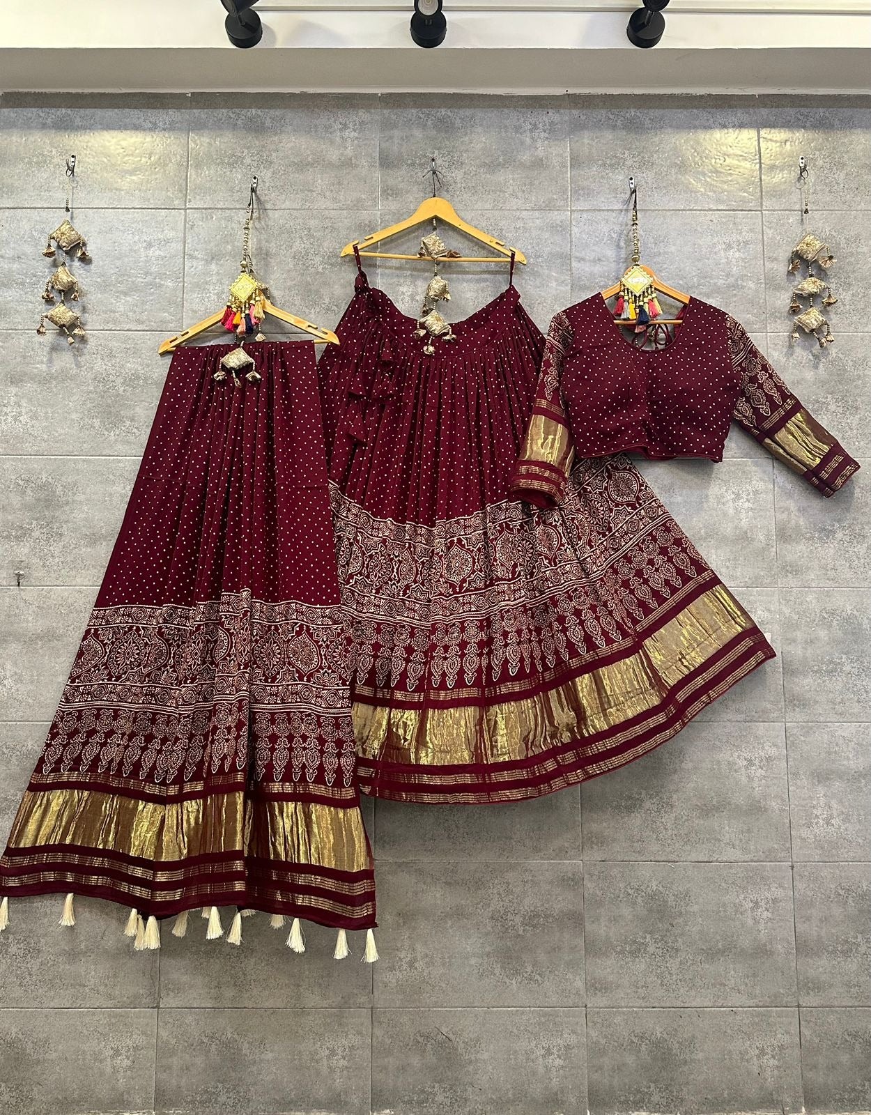 Charming Maroon Ajrakh Hand Block Pure Modal Silk Lehenga Choli With Lagdi Patta