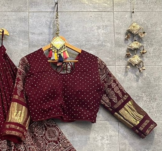 Charming Maroon Ajrakh Hand Block Pure Modal Silk Lehenga Choli With Lagdi Patta