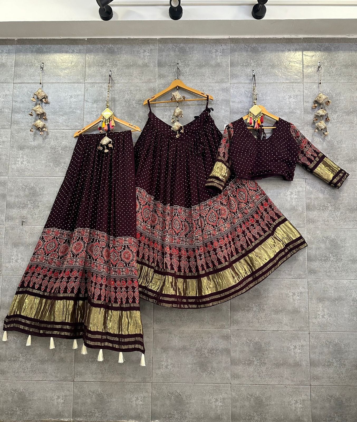 Mesmeric Wine Ajrakh Hand Block Pure Modal Silk Lehenga Choli With Lagdi Patta