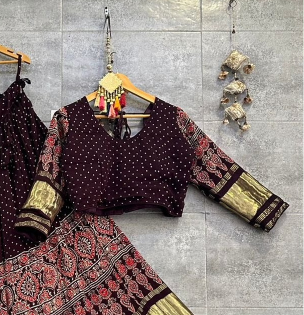 Mesmeric Wine Ajrakh Hand Block Pure Modal Silk Lehenga Choli With Lagdi Patta