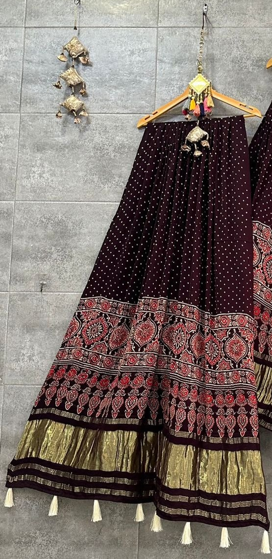 Mesmeric Wine Ajrakh Hand Block Pure Modal Silk Lehenga Choli With Lagdi Patta