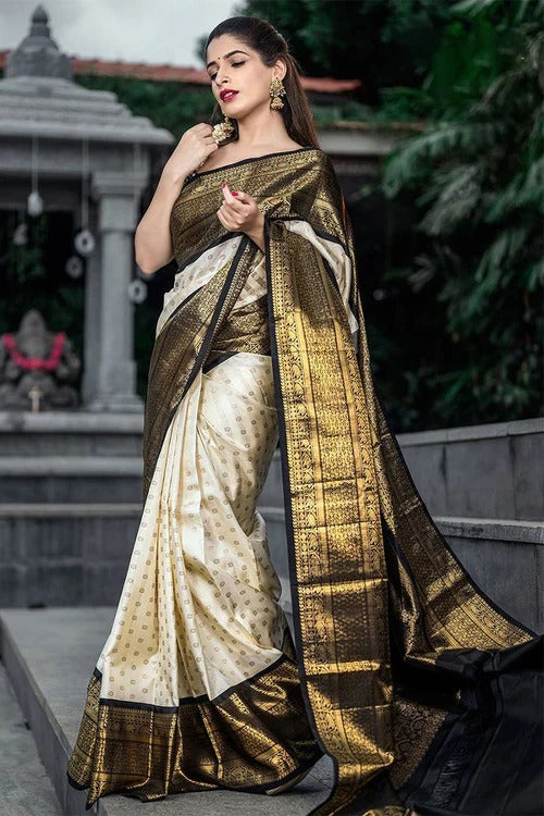 Excellent Off White Soft Silk Weaving Saree