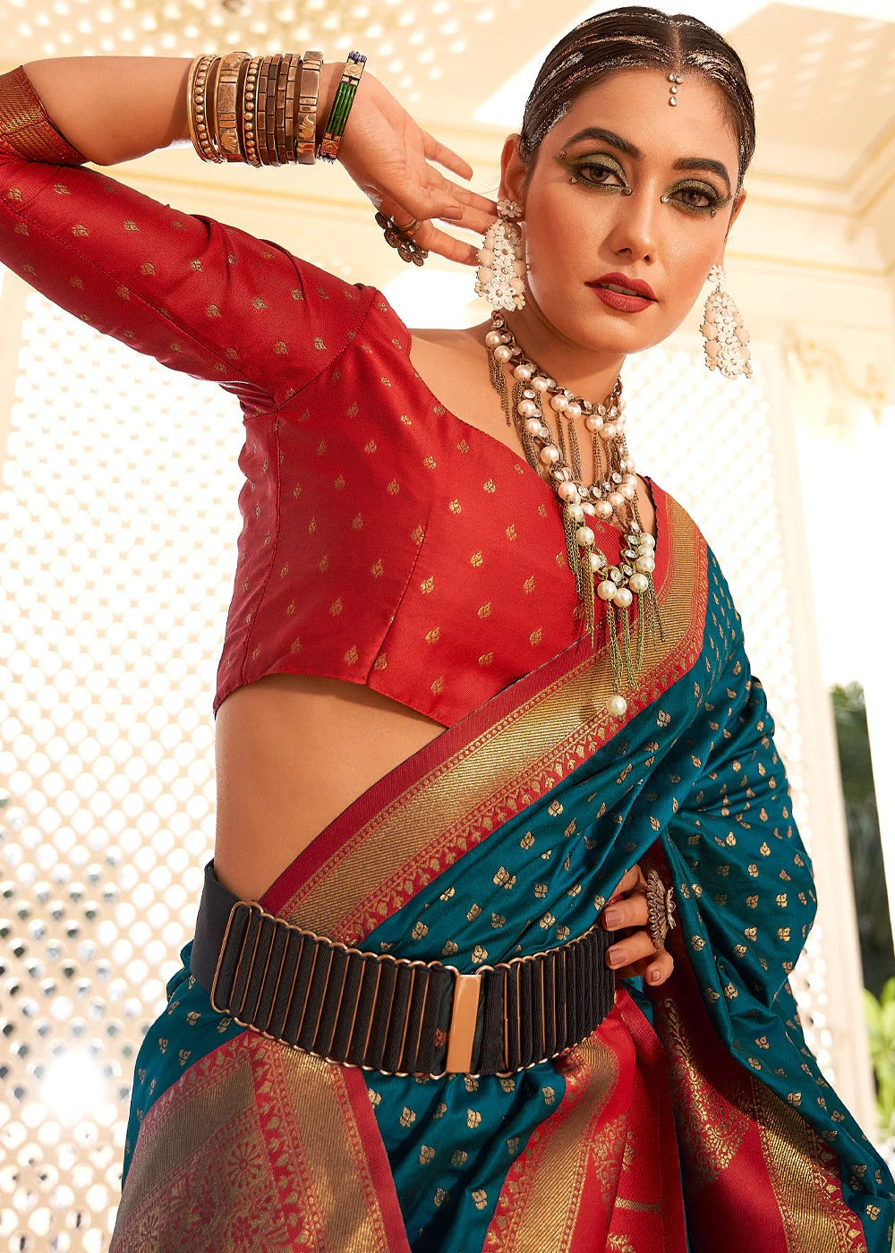 Vrishbha Teal Blue Soft Banarasi Silk Zari Weaving Saree