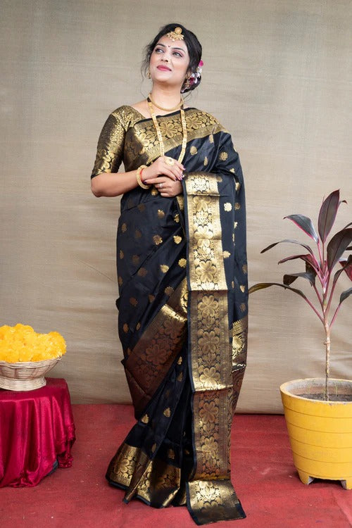 Glorious Black Soft Banarasi Silk Weaving Saree