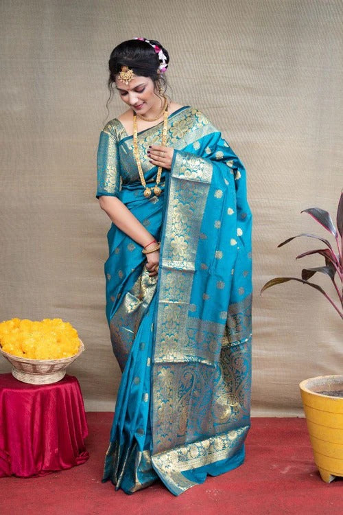 Delightful Sky Blue Soft Banarasi Silk Weaving Saree