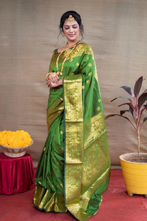 Desirable Green Soft Banarasi Silk Weaving Saree