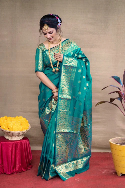 Preferable Rama Soft Banarasi Silk Weaving Saree