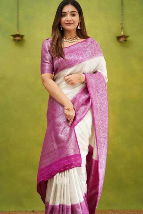 Charming White Soft Silk Weaving Saree