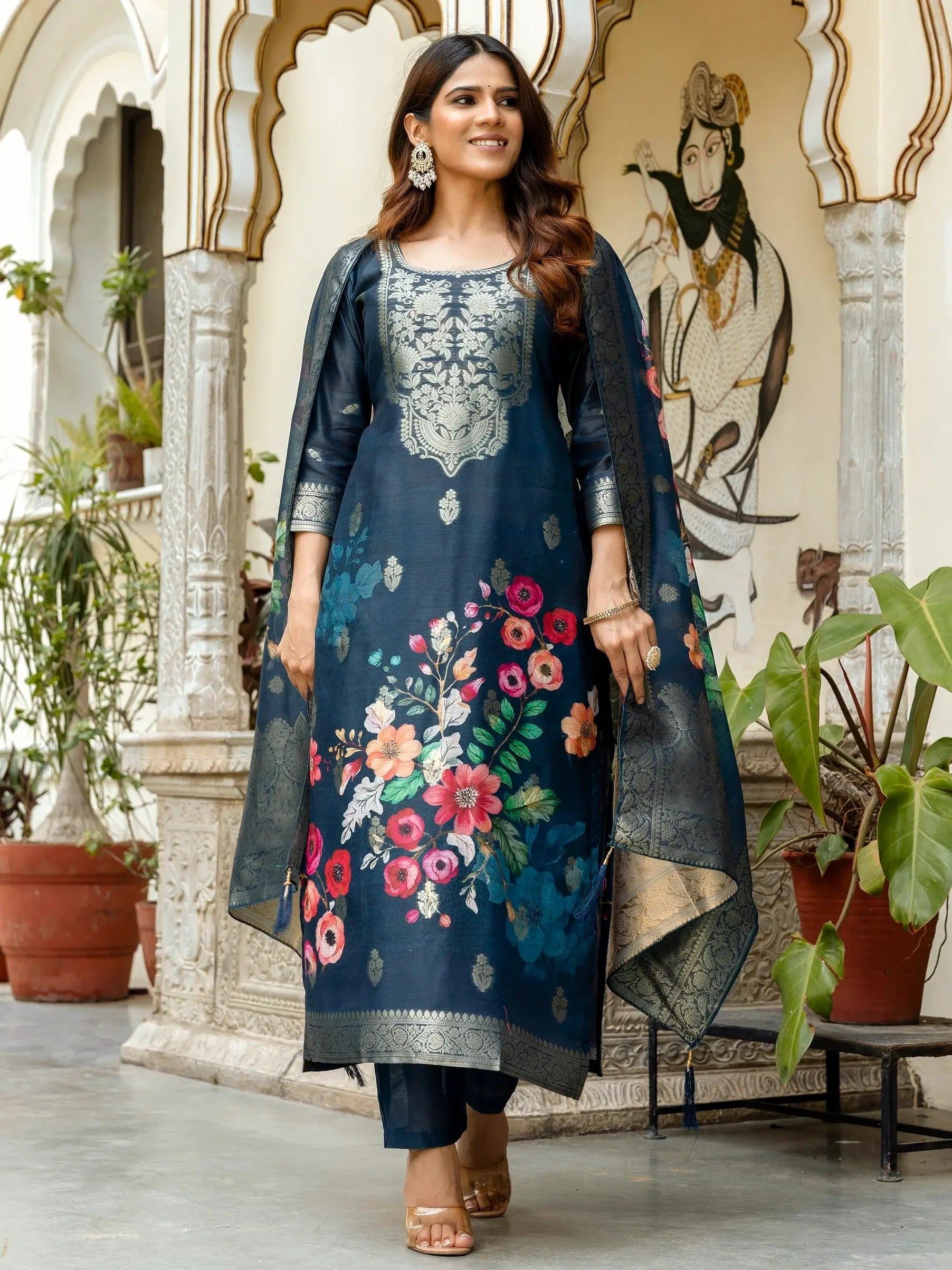 Glamorou Navy Blue Viscose Chanderi Silk Zari Weaving Suit Set