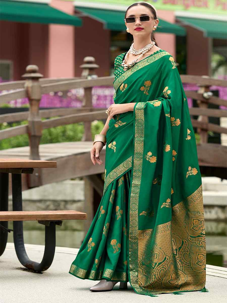 Honey Green Pure Satin Silk Handwoven Saree