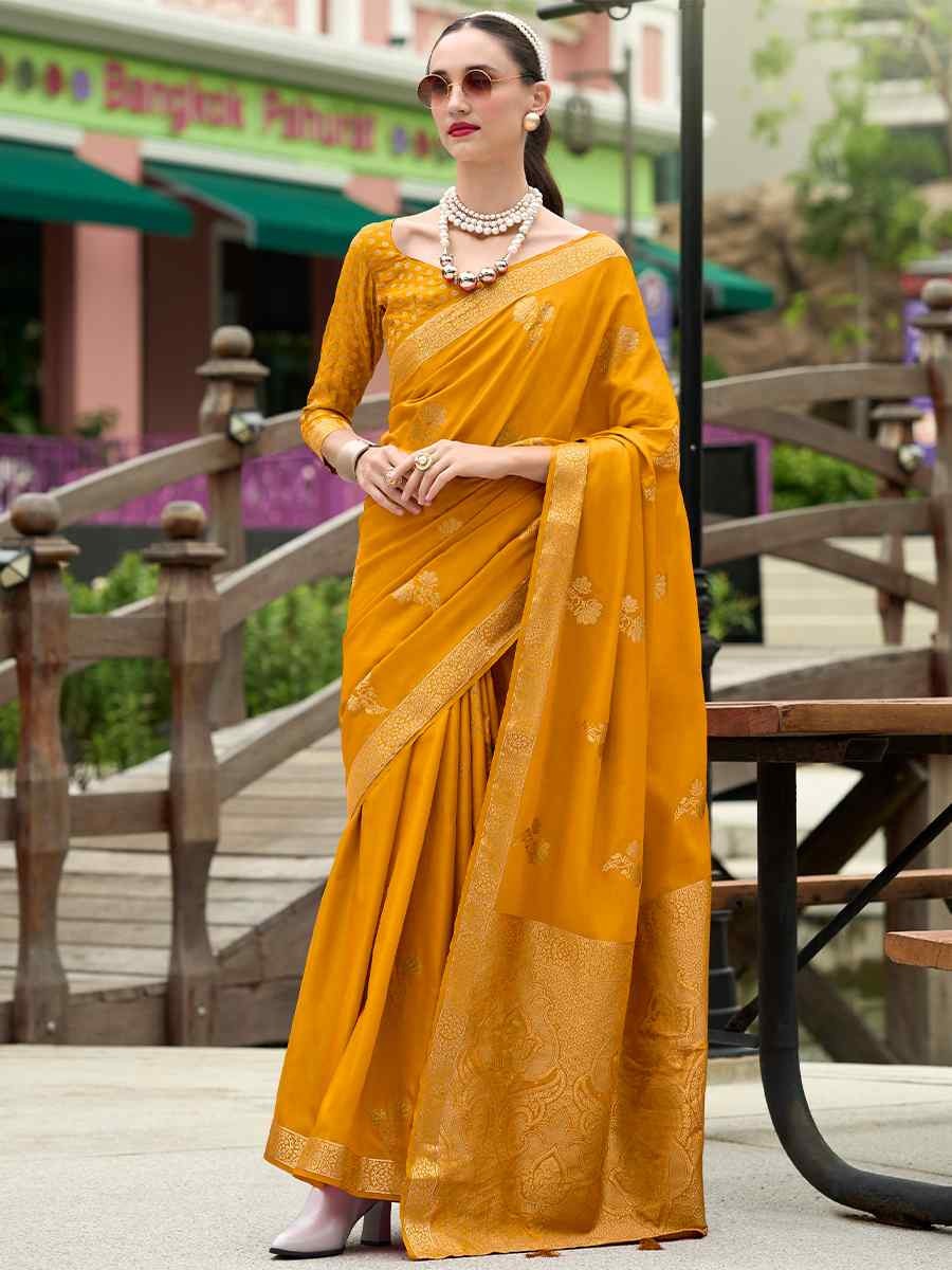 Honey Yellow Pure Satin Silk Handwoven Saree