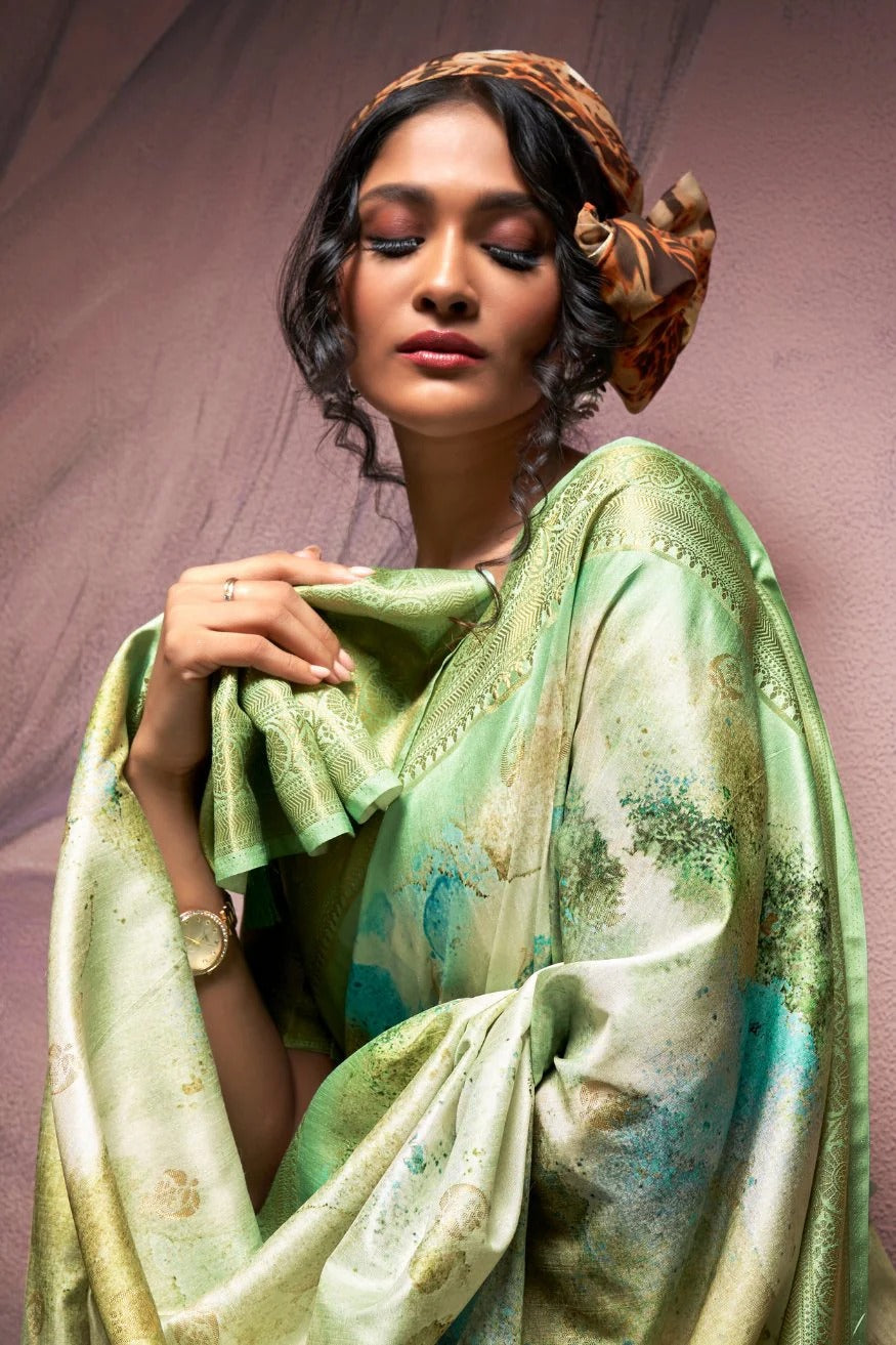 Rangrezza Green Soft Silk Printed Saree